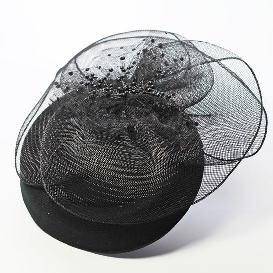 FC0304 Regal Black Feather Hair Fascinator with Cloche Hat and Beads