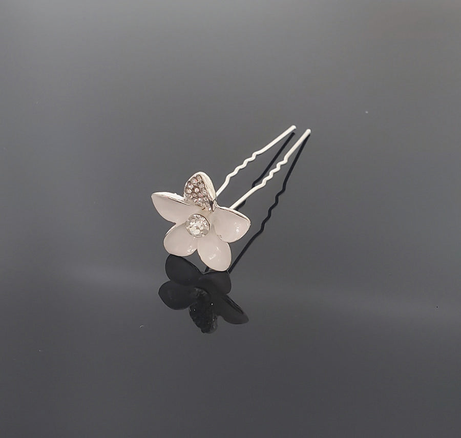 HP0104 White Flower Hair Pin - Price for 5 pcs with Jewelry Box