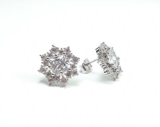 A pair of silver star-shaped earrings with embellishments.